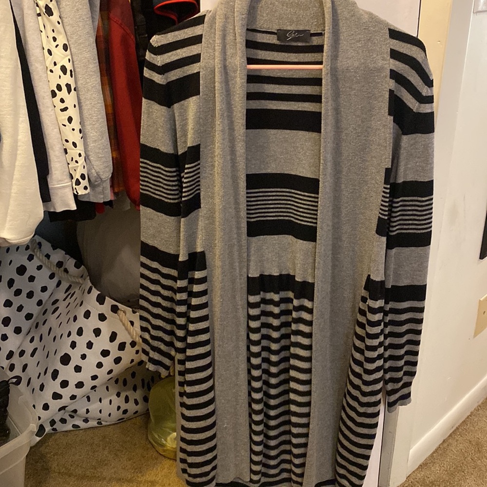 Gray and black striped cardigan, cute for dressing up or staying casual